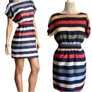 BCBGeneration Keyhole Back Dress Women's Size Small Stripe Smocked Waist Pockets